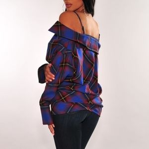 Akira Off Shoulder Multicolor Plaid Button Up Boyfriend Fit Top Size Small
